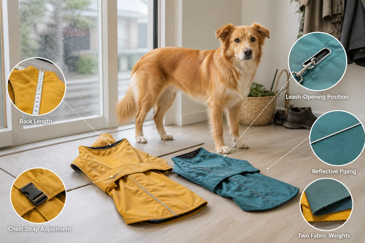 犬用レインコートを買う前に 胸回りとリード穴を動作で確認