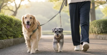 2頭引きリード連結具は回転金具だけで選ばない 左右の長さと犬の歩幅を合わせる